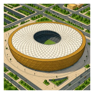 Изометричная, яркая, детализированная и фотореалистичная иллюстрация стадиона Lusail Stadium в стиле 3D-коллажей городов, насыщенные цвета, аккуратные и чёткие линии, мультяшно-реалистичная стилистика. Чёткие контуры, не размазанные линии, высокое качество, прозрачный фон, не обрезать края стадиона. sticker
