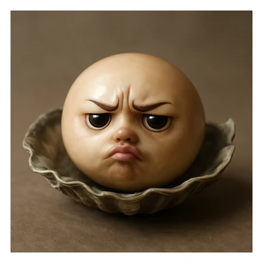 A cute oyster with a pouty expression, pursed lips, and furrowed eyebrows, in photorealistic style. sticker