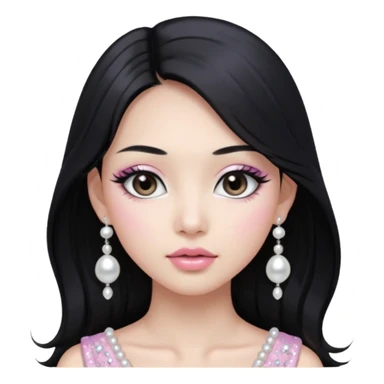 asian long black hair silver grey eyes glossy lips glittery white and light pink eyeshadow girl pearl earrings sticker