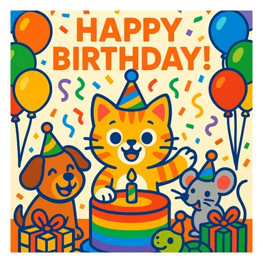 vibrant-toon style birthday party scene with a rainbow color theme including rainbow balloons, multicolored decorations, confetti, a large rainbow birthday cake, gifts, and a festive atmosphere. Main character is a ginger tabby kitten wearing a birthday hat, surrounded by a puppy, turtle, and mouse also celebrating. Prominent 'Happy Birthday!' message included in the scene. sticker
