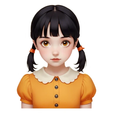 Face: Round with a porcelain-like finish, slightly eerie but innocent expression.
	•	Eyes: Large, dark, and slightly glossy, with a red sensor-like glow when activated.
	•	Hair: Black, neatly tied into two low pigtails with short bangs.
	•	Outfit: Yellow-orange short-sleeved shirt with a Peter Pan collar and a high-waisted orange jumper dress.
	•	Details: A small, unsettling smile and a slightly tilted head to capture her eerie nature. sticker