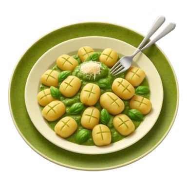 Gnocchi Cinematic Realistic Gnocchi Dish Emoji, depicted as tender oblong potato gnocchi garnished with iconic fork marks on top, rendered with soft textures and warm, inviting lighting. add green pesto sauce sticker