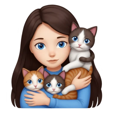 a girl with long dark 
brown hair, with blue eyes, hugs 3 different natural coloured cats sticker