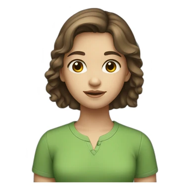 A young girl with white skin, brown hair, brown eyes, and a green shirt  sticker