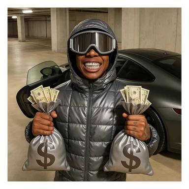Create a realistic character with brown skin tone and natural facial features. The character has shiny chrome grills on his teeth and shiny ski goggles. He is dressed in a matte chrome patterned hooded jacket. He is holding two chrome brown money bags, each with realistic US dollar bills coming out of the top. Place a car behind him similar to the reference images, with the character posted up in front of it. The face and hands should look natural. The background should show the car and a parking garage, not transparent. sticker
