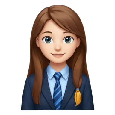 high school class room with a pretty female high school student with long brown hair, blue eyes, wearing a tie, sitting in front of the blackboard sticker