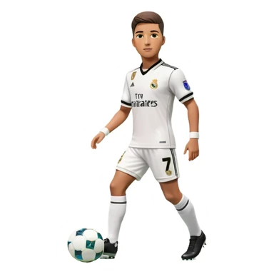 A 3D hyper-realistic male football player wearing a classic Real Madrid home kit, featuring a white jersey with black collar and cuffs, number 7 on the chest and shorts, and the Real Madrid logo. The outfit includes white shorts, white knee-length socks with black stripes, and white football shoes. The background is a smooth green gradient. The player's physique is muscular and athletic, standing in a neutral pose. sticker