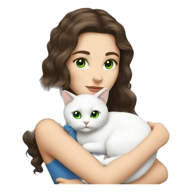 brunette with green eyes holds a white fluffy cat with blue eyes sticker