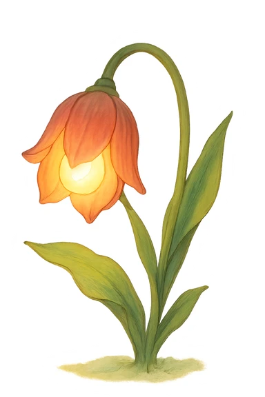 a lamp made out of a tulip flower, the bulb in the flower, drooping over, natural colors, soft, fairy-like atmosphere, no background sticker