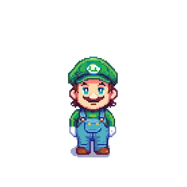 Luigi character in classic green hat and overalls, pixel art style sticker