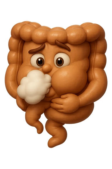 emoji stile iphone di un intestino che ingoia una nuvoletta di aria ben visibile e gli si gonfia la pancia, iperrealistico 4k sticker
