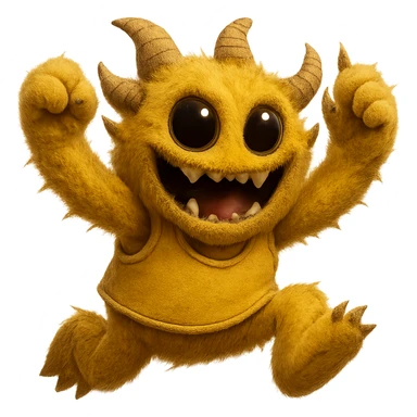 Make this yellow athletic mascot look more grown up and cooler, less like a person and more like a monster, keep the soft fuzzy texture and big eyes, jumping with excitement, with no background. Maintain the yellow color and soft fuzzy texture with big eyes, emphasizing a monster-like excited character jumping with excitement. sticker