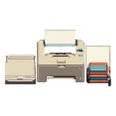 printer with a stack of paper beside it, retro look sticker