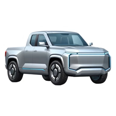 A futuristic electric pickup truck emoji, silver chrome body, angular cyber design, smooth metallic panels, subtle reflections, minimalistic proportions, iOS emoji style, centered composition, clean white background, soft lighting sticker