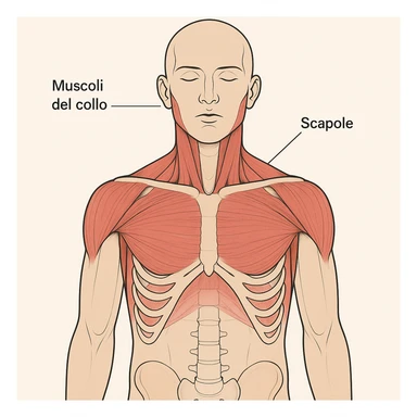 vista frontale con didascalie di diaframma bloccato, muscoli del collo e scapole evidenziati, spiegazione in italiano sticker
