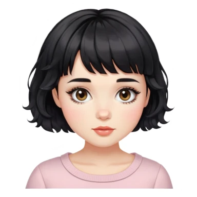 Gorgeous french woman short french haircut tousled wavy hair short straight across baby bangs black hair Amelie Beautiful Blushing Petite Girl with beautiful hair aesthetic sticker