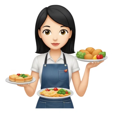 waitress with black hair and a food plate with a black tshirt and ª jeans apron sticker
