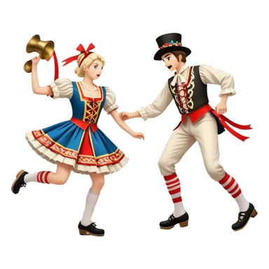 Cinematic Realistic scene of two performers executing a Morris Dance in full traditional costume—with bells, ribbons, and clogs—captured in dynamic motion against a rustic English backdrop and warm, golden lighting sticker