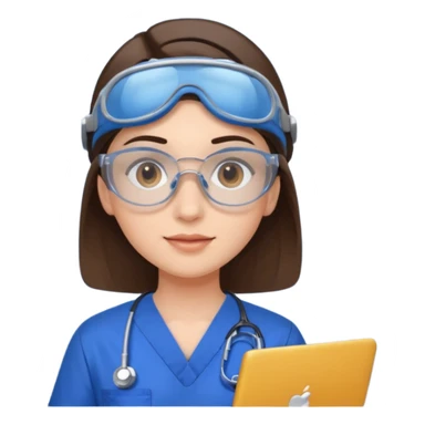 i need a brunette young woman in blue scrubs with brown eyes fair skin with safety goggles on and a laptop for research sticker