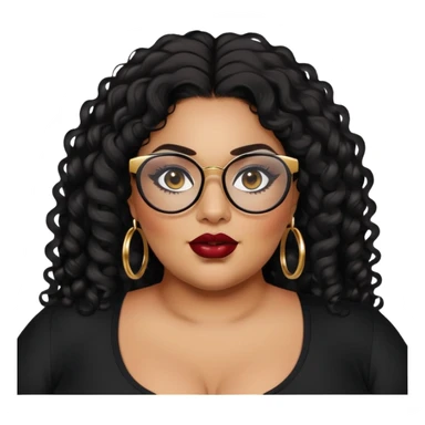 big plus size, latina, darker tan skin, gold hoops, long black curly hair, baddie,pretty, makeup, dark red lipgloss, black eyeliner, long hair, black top, black glasses sticker