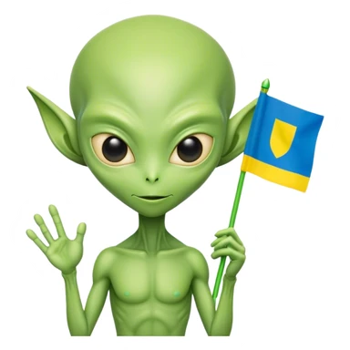 Green alien with Ukraine flag sticker