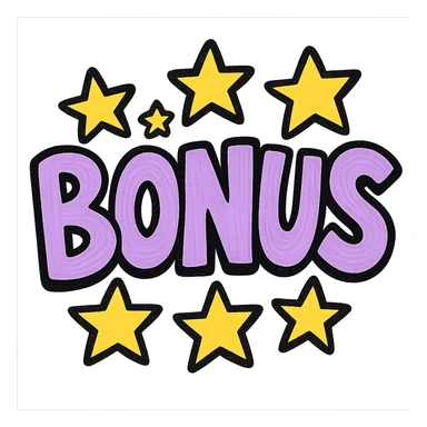 the word BONUS in large letters, all the same vibrant color, surrounded by stars, no background or sign behind, just the letters and stars, vibrant cartoon style QUIERO EXACTAMENTE IGUAL SOLO QUE LAS LETRAS DEBEN SER VIOLETA PASTEL Y LAS ESTRELLAS AMARILLAS sticker