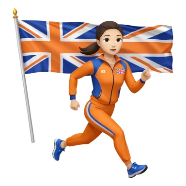 asian woman in orange sport suit and holding uk flag in one hand, running sticker