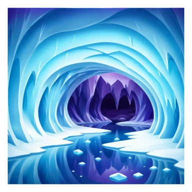 A breathtaking ice cave glowing with blue light, featuring smooth, curved walls made entirely of translucent ice. The interior reflects shimmering shades of blue and purple, with natural light filtering through the frozen surface. Realistic detail, cinematic lighting. sticker