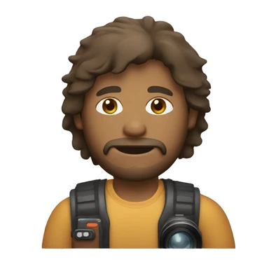 brown guy with mullet and beard holding a photo camera sticker