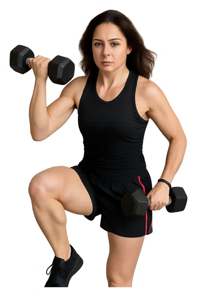 Allenamento ad alta intensità donna mentre fa pesi con in mano due manubri sticker