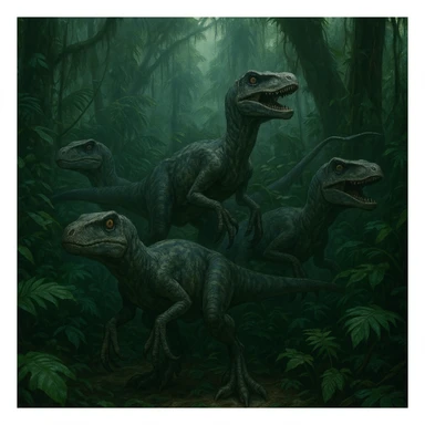 A group of velociraptors in a jungle setting, referencing Jurassic Park, suspenseful atmosphere, dynamic poses, dense foliage sticker