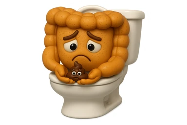 emoji stile iphone di un intestino realistico 3d che esce dal wc con in mano una montagnetta di feci con espressione triste a palline, iperrealistico 4k sticker