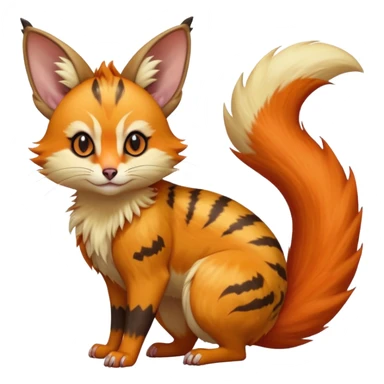 Hyper realistic volcanic fiery flammable beautiful elegant pretty precious cute  Fakémon-Pokémon-opossum-feline-serval-caracal-chinchilla-Flareon-Furret-Minccino-hybrid-creature with a big fluffy bushy tail (full body) sticker