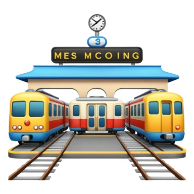A 3D cartoon train terminal with tracks, platform signs, and an arriving train, Memoji-style realism. sticker