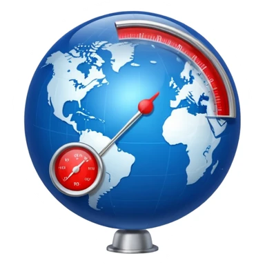 Blue Earth sphere, tilted. Prominent, oversized, fiery red thermometer/gauge, embedded. Indicator peaking 'danger' zone sticker