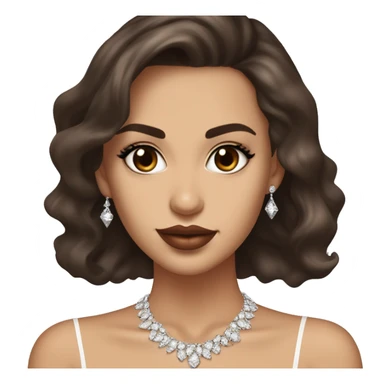 Girl with brown eyes and a fair skin tone long eyelashes and long dark brown hair in a side parting in a wavy/blowout effect style wearing white scoop neck top and wearing a diamond necklace in the shape of an M and plump glossy lips sticker