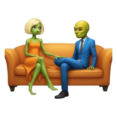blonde alien reptilian woman in orange dress and humman man in blue, sitting on a couch  sticker