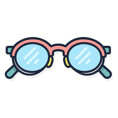 oval eyeglasses with diopters, semi-rimless frame, top-down view, vector look with shadows and highlights, detailed shading, pastel palette, Japanese pop art, sticker look, highly detailed sticker
