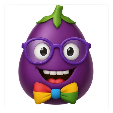 Add a colorful bow tie to the eggplant with nerdy glasses and goofy teeth, keep the background transparent. Maintain the original style and transparent background. sticker