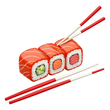 Japanese cuisine humanless avatar in minimalist emoji-style illustration. Sushi, roll and 2 chopsticks, clean lines, red white colors, flat design, calm and modern. sticker