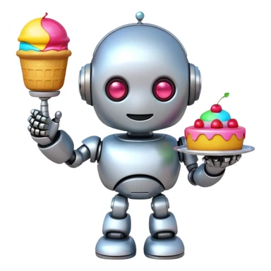The cute robot is holding dessert in its hands, 3d emoji sticker