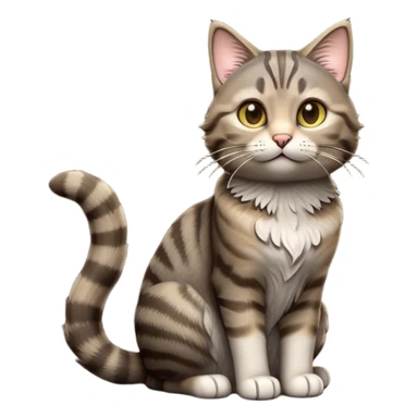 cinematic-[grey brown tabby cat]-realistic-full-body-sitting-emoji,-tail-curled-playfully-around-its-paws,-head-tilted-dramatically,-scruffy-[grey]-fur,-simplified-yet-realistic-focused-features,-highly-detailed,-glowing-with-an-almost-sarcastic-glow sticker