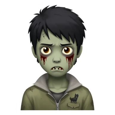 Boy, zombie, black hair, medium long,wolf cut, emo, shaggy, dark, spooky, creepy expression,sad sticker