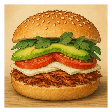 a cemita sandwich with sesame seed bun, cross-section view sticker