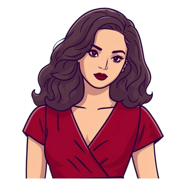 High-profile artistic woman with radiant complexion, long voluminous dark hair with soft waves, large almond eyes with bold eyeliner, defined brows, glamorous red lipstick, wearing sophisticated wine red velvet dress with V-neckline, elegant confident expression sticker