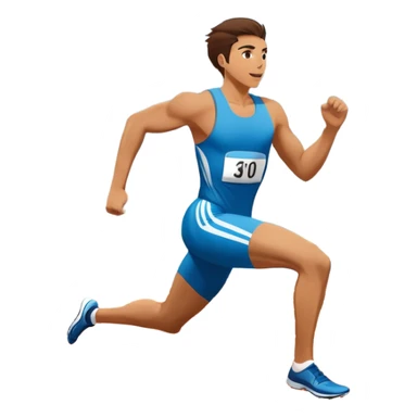 An icon symbolizing professional running: a dynamic sprinting athlete in motion on a track, leaving motion lines behind. The background features a large stadium with cheering crowds, a digital timer, and a clear blue sky. Transparent background emphasizes speed, endurance, and competition. sticker