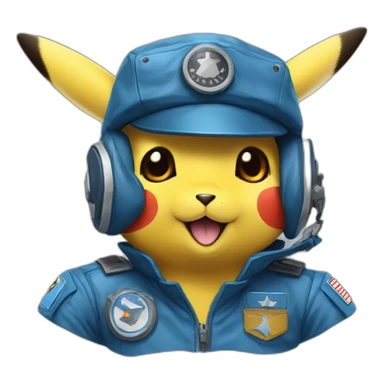 pikachu in a blue captain pilot suit with a blue captain hat sticker