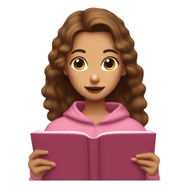 A girl with undulate brow hair and brow eyes is wearing a brown sweatshirt and is reading a pink book ping  sticker
