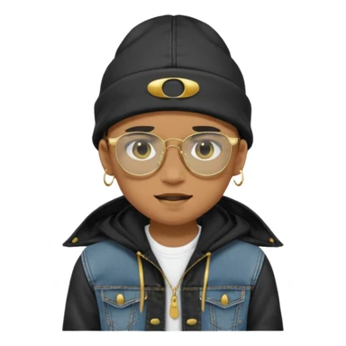un emoji de un chico emcapuchado, con gorro kalenji, dientes de oro, com uma jaqueta denim tears preta e uns oculos da oakley sticker