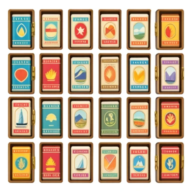 Icon for Matchbox Collecting: a collection of vintage and colorful matchboxes from different places, neatly displayed in a row or in a display case. The icon should reflect the uniqueness and diversity of matchbox collecting. Transparent background. sticker